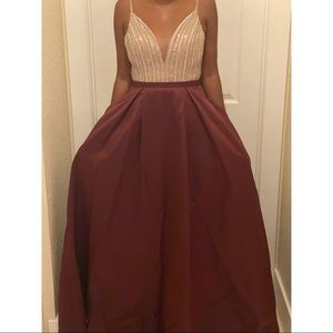 Burgundy and Nude Studded Evening Gown